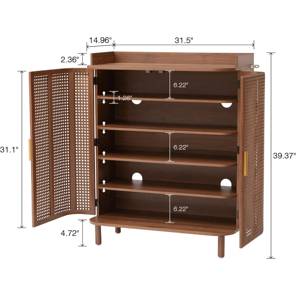 Shoe Cabinet,5 Tier Boho Wooden Shoe Storage Organizer Cabinet with Adjustable Shelves, Shoes Rack with Iron Rattan Curved Doors