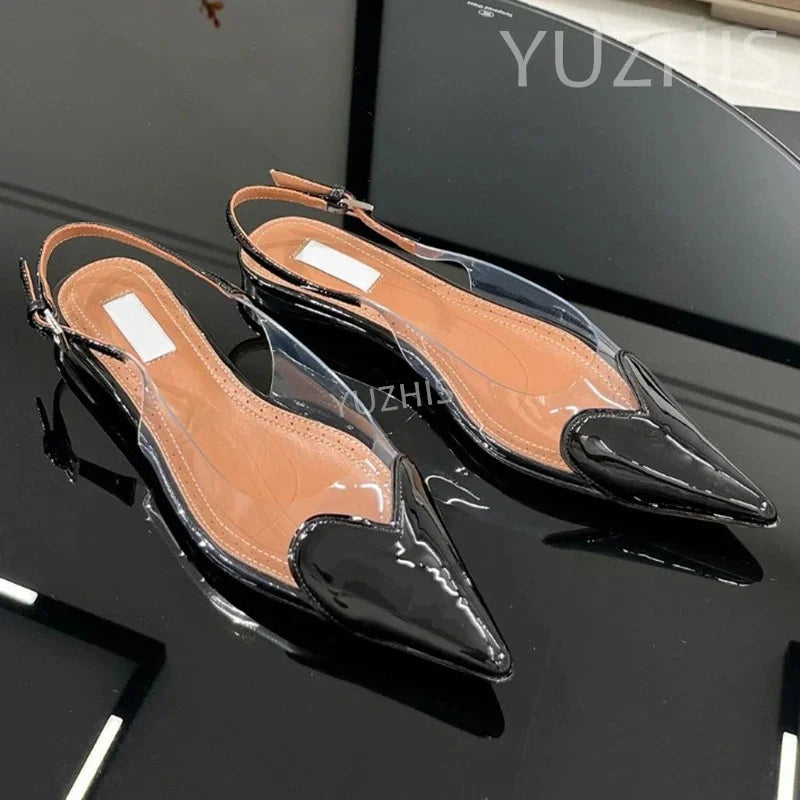 Patent Leather PVC Pointed Toe Summer Shoes for Women with Back Buckle Strap Shallow Heels Luxury Party Dress Wedding Sandals