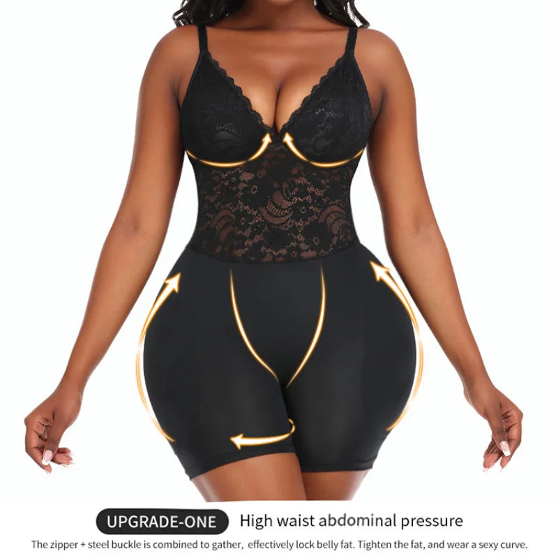Sexy Overbust Full Body Shaper Lace Shapewear Bodysuit with Hip Pads Butt Lifter and Waist Slimmer Slimming Control Panties