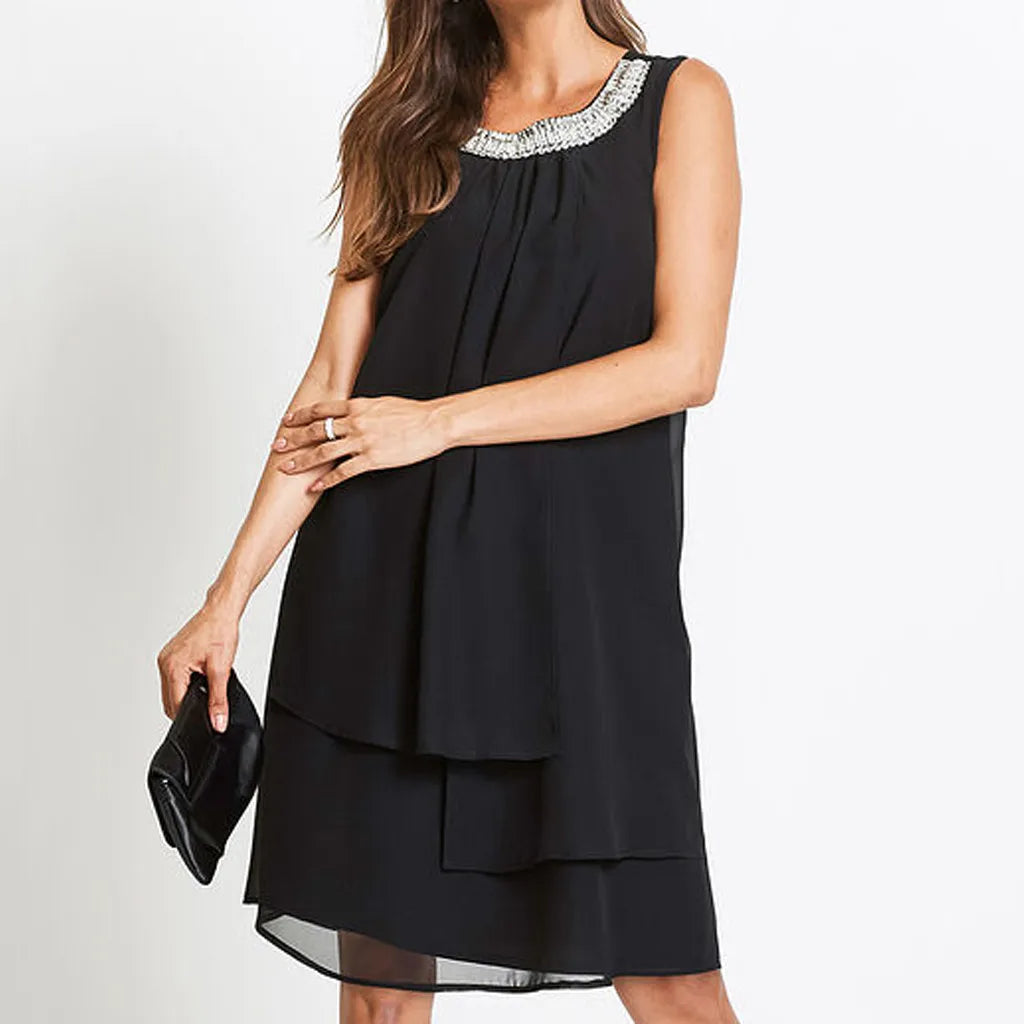 Women Chiffon Dresses Summer Sequin O-neck Sleeveless