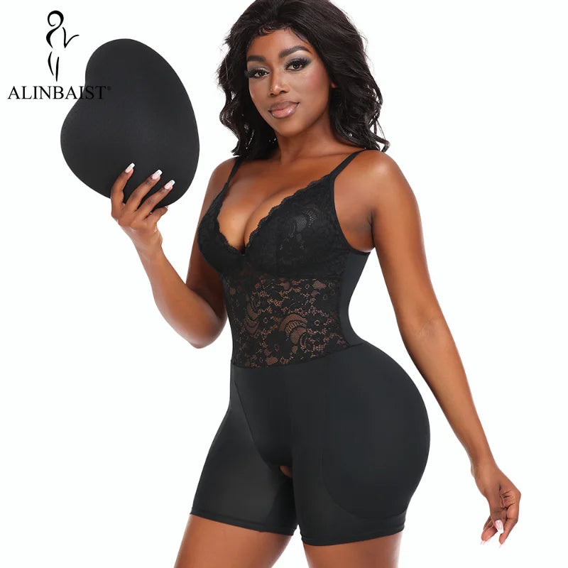 Sexy Overbust Full Body Shaper Lace Shapewear Bodysuit with Hip Pads Butt Lifter and Waist Slimmer Slimming Control Panties