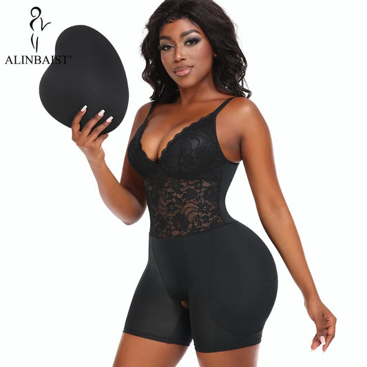 Sexy Overbust Full Body Shaper Lace Shapewear Bodysuit with Hip Pads Butt Lifter and Waist Slimmer Slimming Control Panties