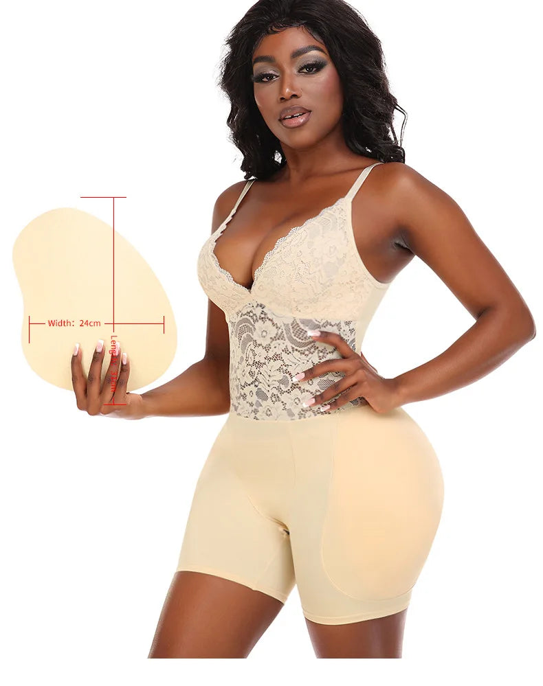 Sexy Overbust Full Body Shaper Lace Shapewear Bodysuit with Hip Pads Butt Lifter and Waist Slimmer Slimming Control Panties