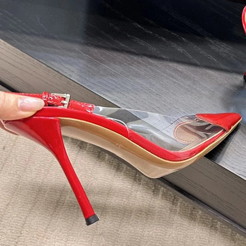Patent Leather PVC Pointed Toe Summer Shoes for Women Back Buckle Strap Shallow Heels Sandals Luxury Party Dress Wedding Shoes