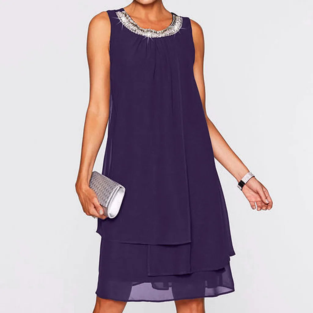 Women Chiffon Dresses Summer Sequin O-neck Sleeveless