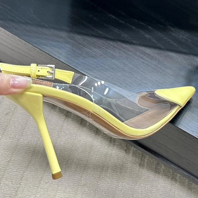 Patent Leather PVC Pointed Toe Summer Shoes for Women with Back Buckle Strap Shallow Heels Luxury Party Dress Wedding Sandals