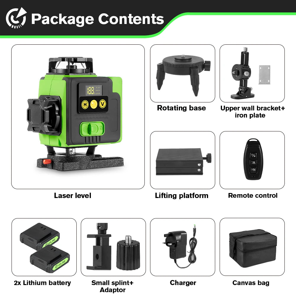 HGLINE 16 Lines 4D Laser Level Rotatable Level Machine Rechargeable Automatic Leveling Tool with 2X6000mAh Battery Set and Tripod
