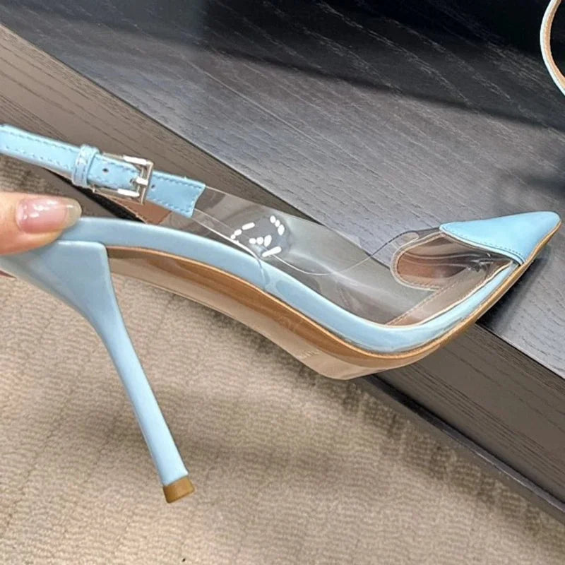 Patent Leather PVC Pointed Toe Summer Shoes for Women Back Buckle Strap Shallow Heels Sandals Luxury Party Dress Wedding Shoes