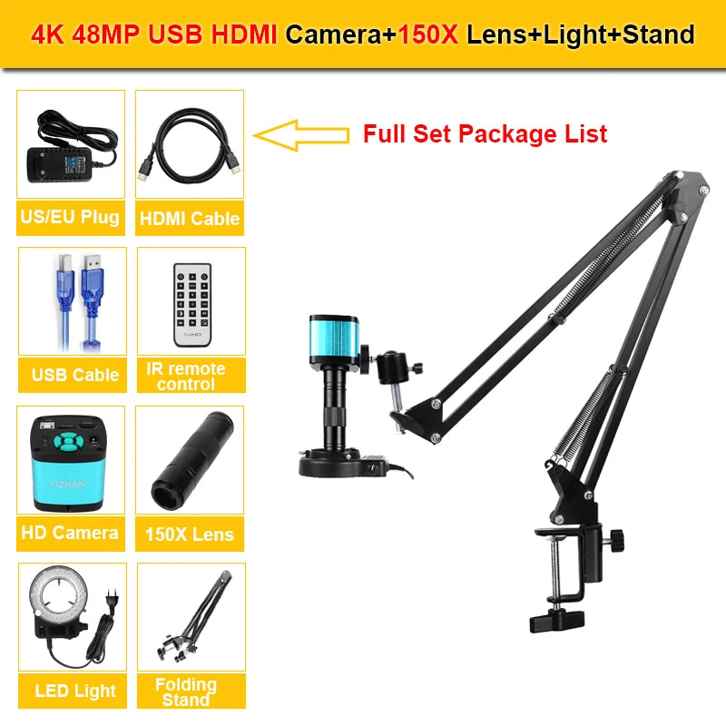 150X Zoom Lens Electronic Digital Microscope 4K 48MP Soldering Camera HDMI USB IMX327 Microscope Tools Ring Light Stand Repair