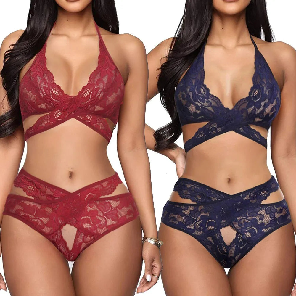 Lace Ultra Thin Underwear Set Sexy Bandage Push Up Bra and Panty 2 Pieces Women's Plus Size Brassiere Hollow Breathable Lingerie
