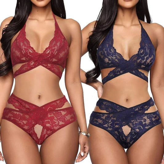 Lace Ultra Thin Underwear Set Sexy Bandage Push Up Bra and Panty 2 Pieces Women's Plus Size Brassiere Hollow Breathable Lingerie