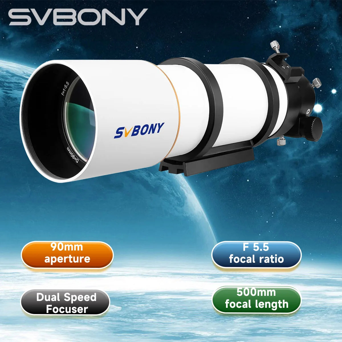 Svbony SV48P OTA Astronomical Telescope Dual Speed Focuser 90mm Aperture F5.5 Refractor for Deep Sky Astrophotography