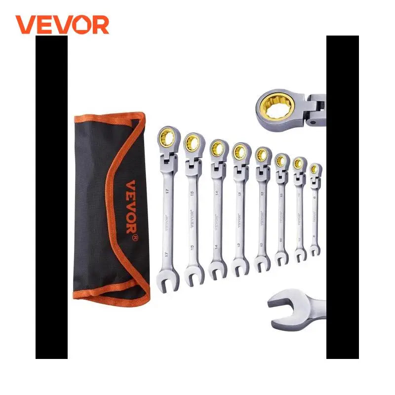 VEVOR Flex Head Ratcheting Wrench Set 8 Piece Combination Wrench Set with Roll Up Pouch Steel Flexible Ratcheting Wrenches SAE Metric