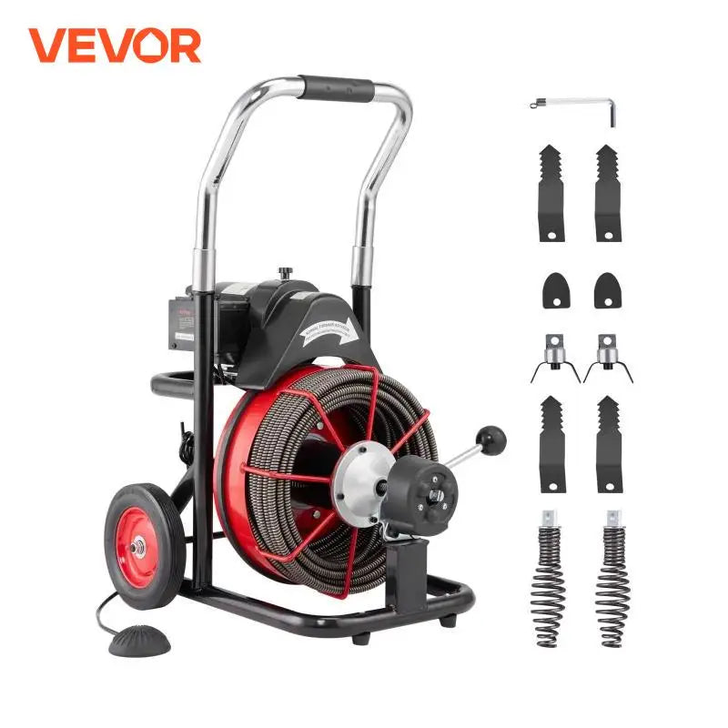 VEVOR Drain Cleaner Machine 100FT Auto Feed Sewer Snake Auger with Wheels 550W Portable Drain Cleaning Machine for Pipes