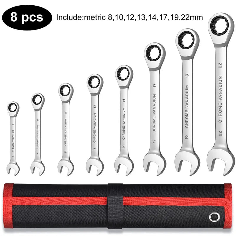 Ratcheting Wrench Set Metric and Standard 12 Point Box End Combination Spanner Gear Wrench Garage Tool Set CR-V Full Polished