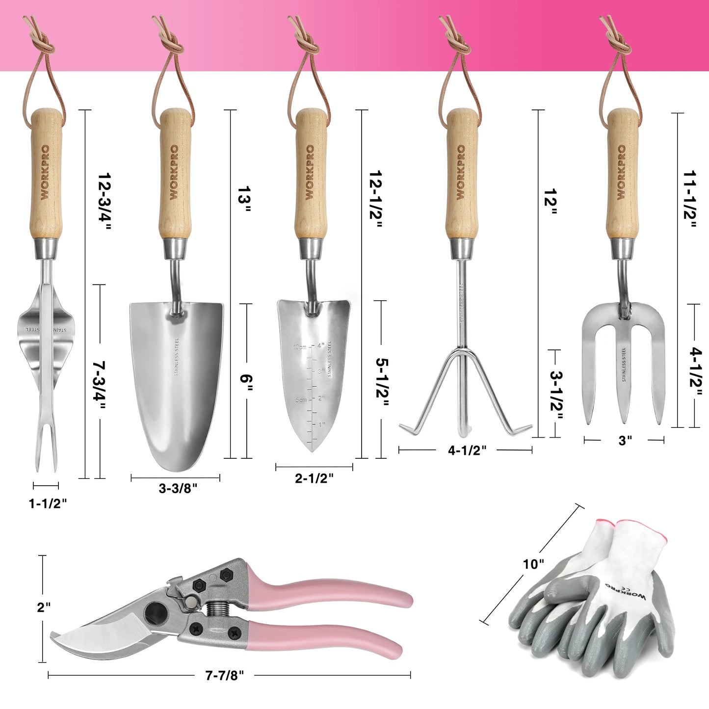 Workpro 8 Piece Pink Garden Tool Set Stainless Steel Gardening Tools with Wood Handle Garden Tote Gloves Trowel
