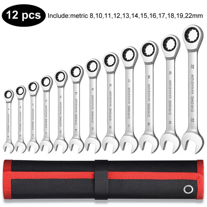 Ratcheting Wrench Set Metric and Standard 12 Point Box End Combination Spanner Gear Wrench Garage Tool Set CR-V Full Polished