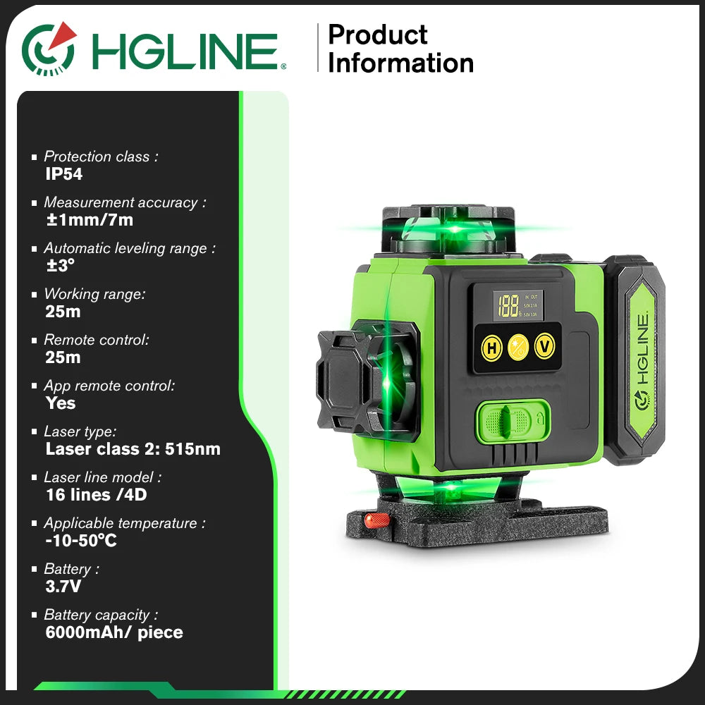 HGLINE 16 Lines 4D Laser Level Rotatable Level Machine Rechargeable Automatic Leveling Tool with 2X6000mAh Battery Set and Tripod