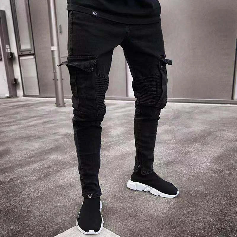 Men's Stylish Cargo Jeans with Fit Design and Multiple Pockets for Spring and Summer Streetwear Fashion