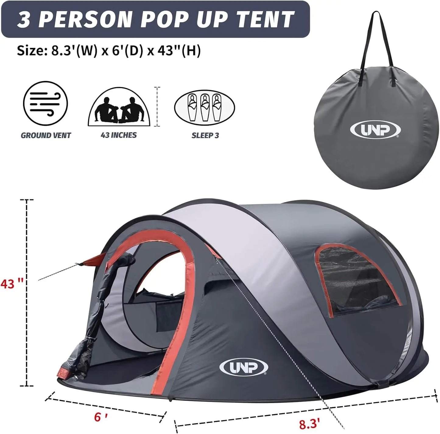 Pop Up Tent for 3 Persons Instant Portable Beach Tent Easy Setup Shade Tent with 2 Doors for Camping and Hiking