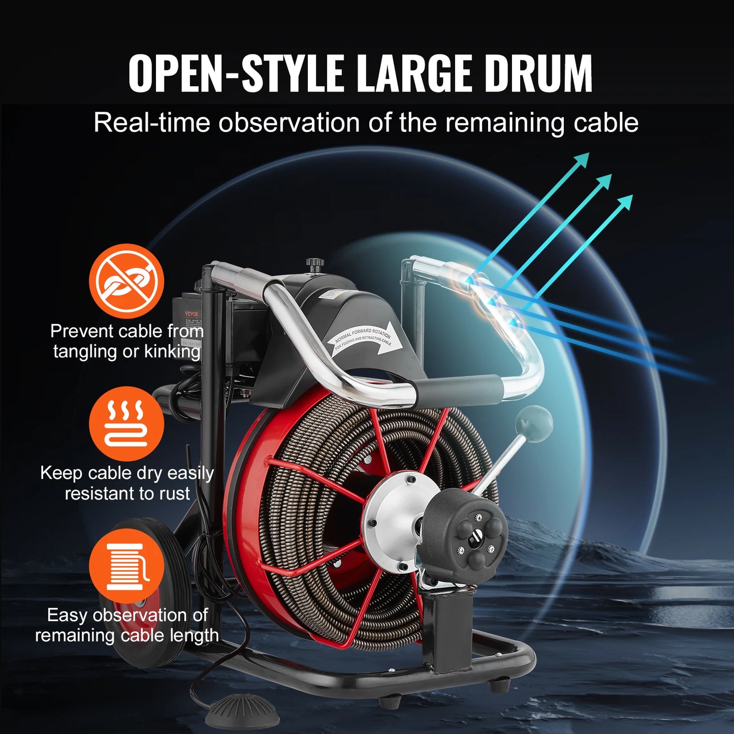 VEVOR Drain Cleaner Machine 100FT Auto Feed Sewer Snake Auger with Wheels 550W Portable Drain Cleaning Machine for Pipes