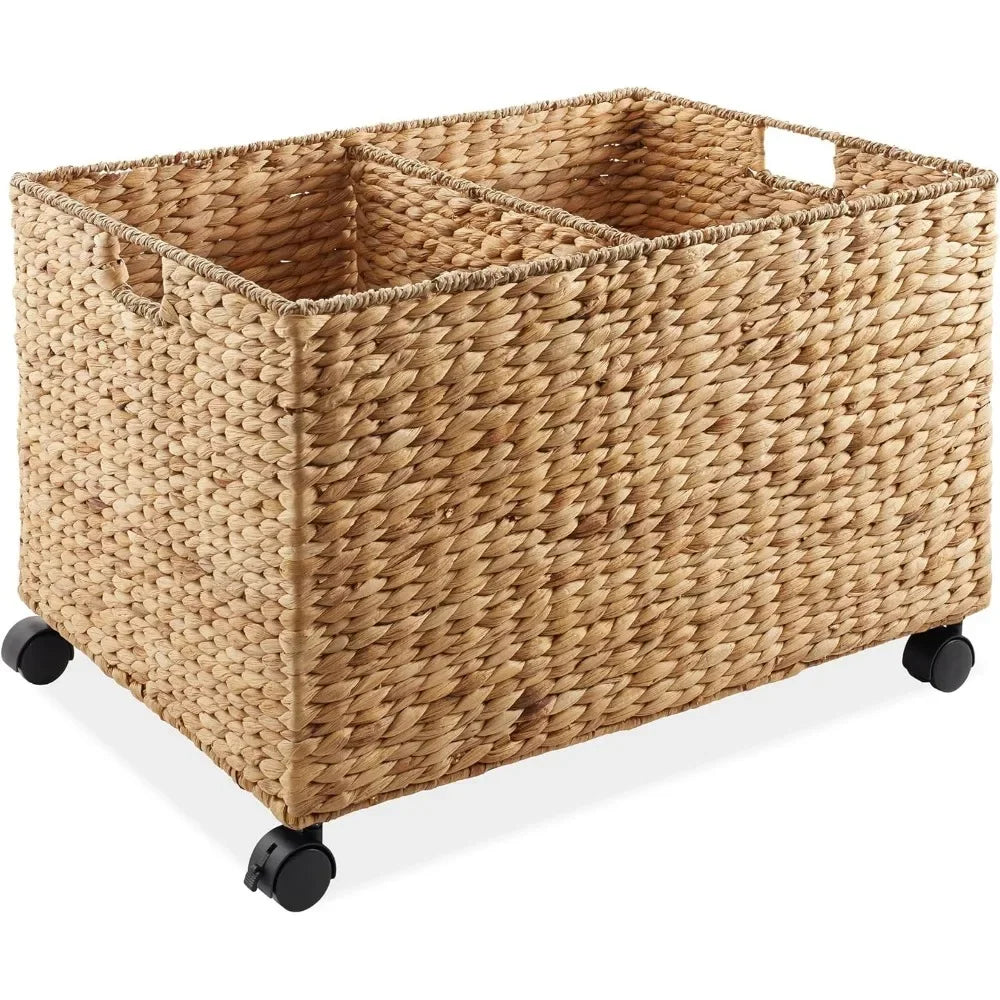 Rolling Storage Basket Cart with Lid and Locking Wheels, Natural Handwoven Water Hyacinth Divided Bin