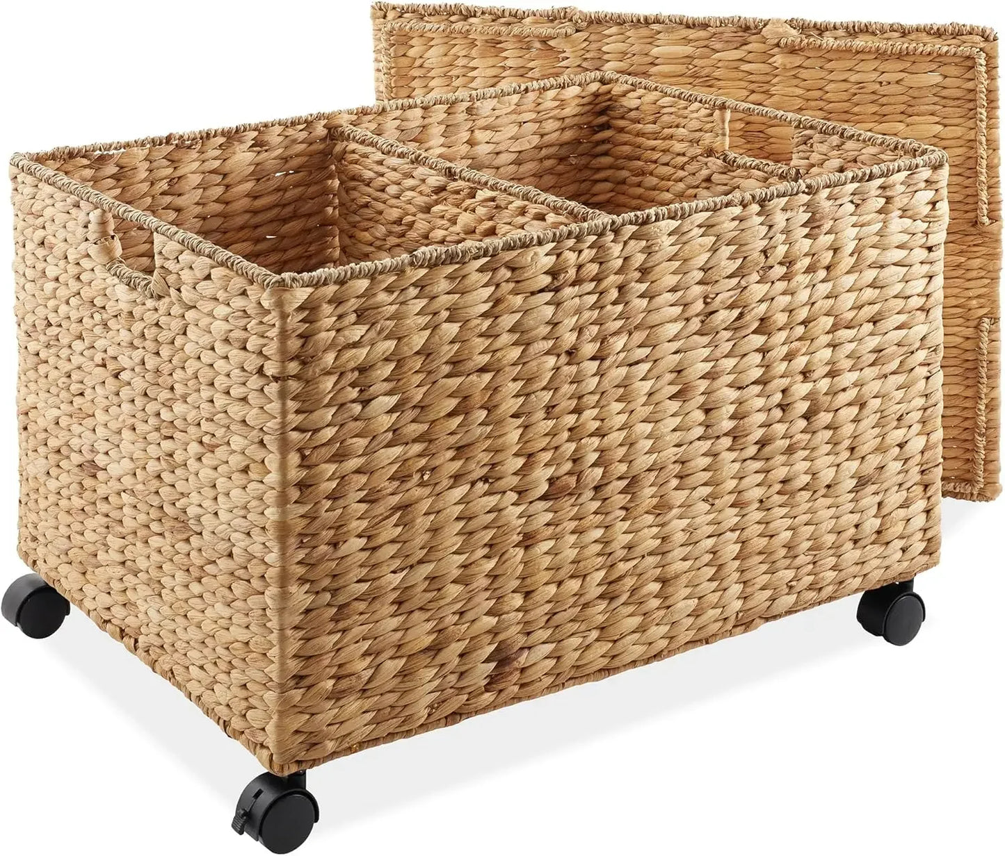 Rolling Storage Basket Cart with Lid and Locking Wheels, Natural Handwoven Water Hyacinth Divided Bin