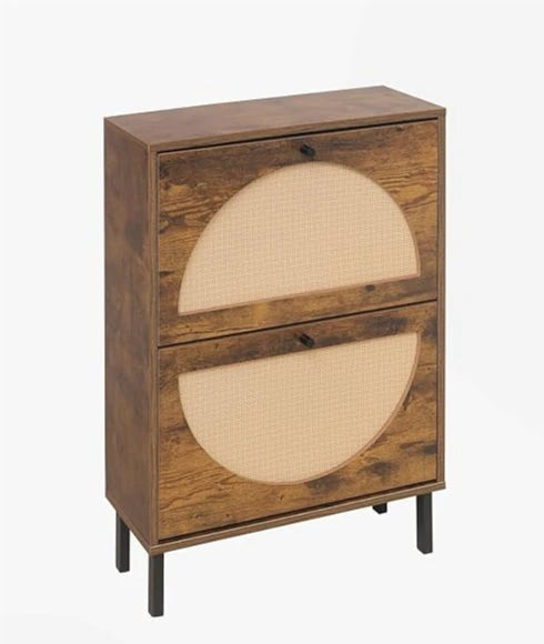 Rattan Shoe Cabinet with Two Flip Drawers Black Free Standing Storage Rack with Metal Legs Shoe Organizer for Entrance Hallway